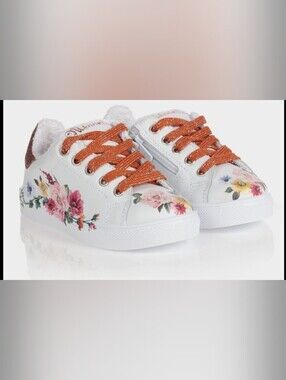 MONNALISA Genuine Leather Floral Sneakers Made in Italy, Size 10